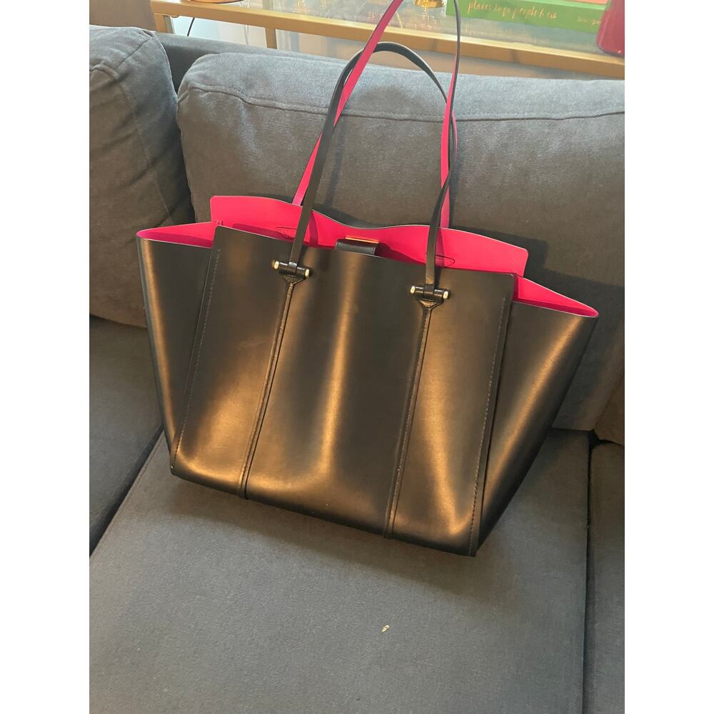 Kate Spade Black Leather Tote Bag Magenta Interior Gold Hardware Work Travel Bag - Picture 4 of 9